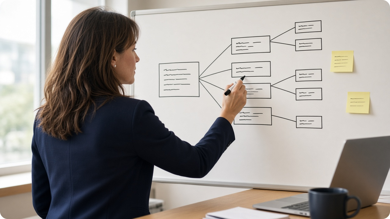 A woman in a navy blazer maps a problem as an issue tree on a whiteboard, a laptop beside her